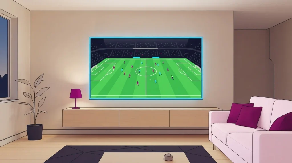 Fernseher mit beleuchtetem Fußballfeld auf dem Bildschirm neben einem schlichten Sofa