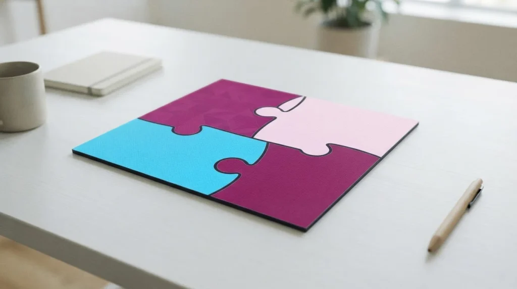 Vier ineinandergreifende Puzzleteile auf einem hellen Tisch