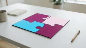 Vier ineinandergreifende Puzzleteile auf einem hellen Tisch