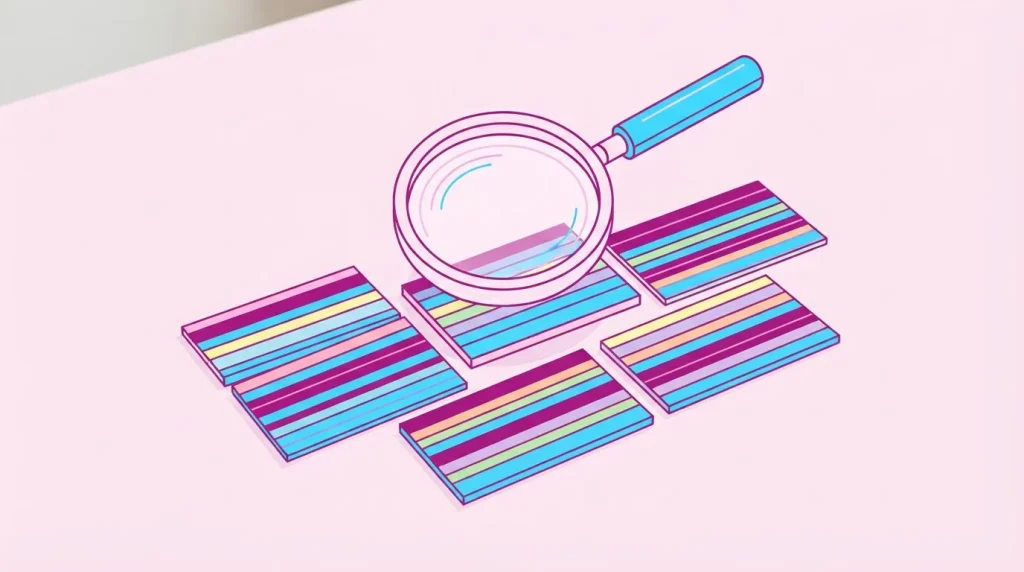 Große Lupe über flachen Karten mit farbigen Streifen auf einem Tisch