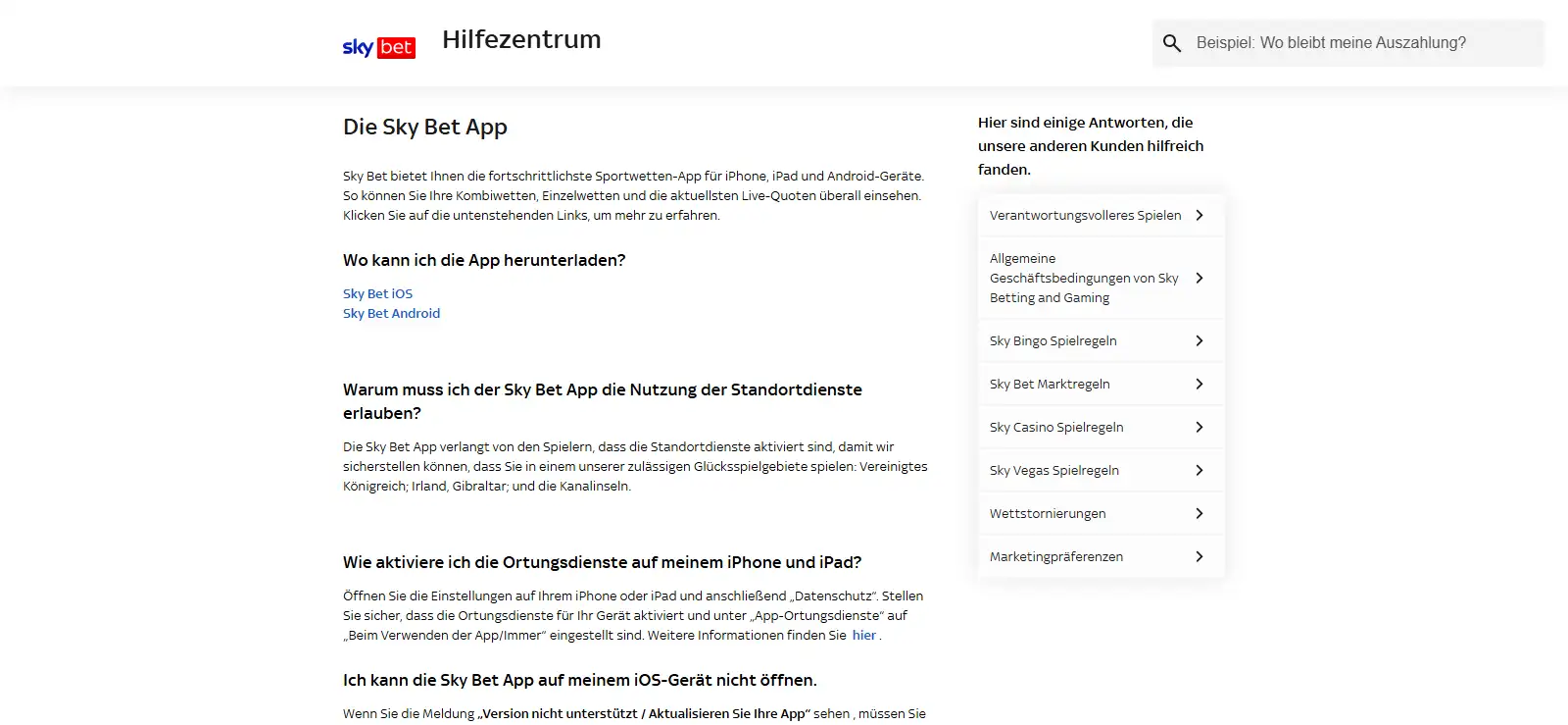 Mobile Sportwettenübersicht auf der offiziellen Sky-Bet-Webseite